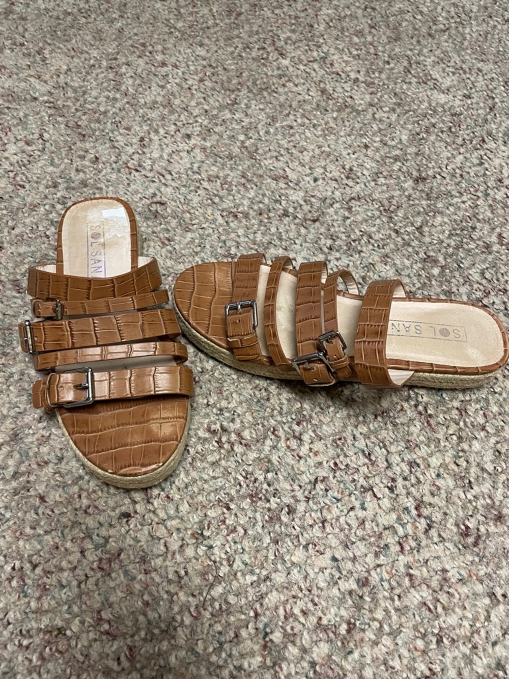 Sol Sana Tan leather straps Croc-Embossed wedge Slide Sandals